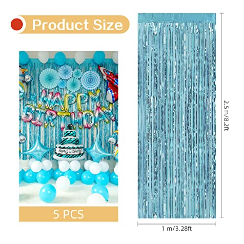 Image of 5 Pack Blue Fringe Backdrop 3.2ft x 8.2ft Foil Curtain Tinsel Foil Fringe Curtains Photo Booth Props for Mermaid Birthday Under The Sea Party Decorations Teal Blue Tinsel Backdrop Streamers (Blue)