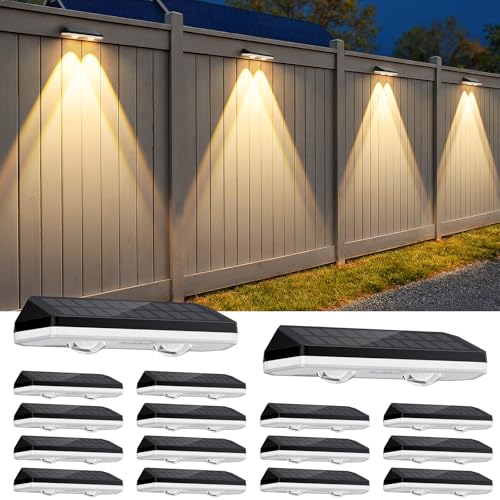 Image of 16 Pack Solar Fence Lights Outdoor ,Warm White + RGB 13 Color Mode Fence Lights Solar Powered with Ultra-Bright Lens IP65 Waterproof,Solar Wall Light for Backyard /Step /Patio /Deck /Stair /Railings /Fence