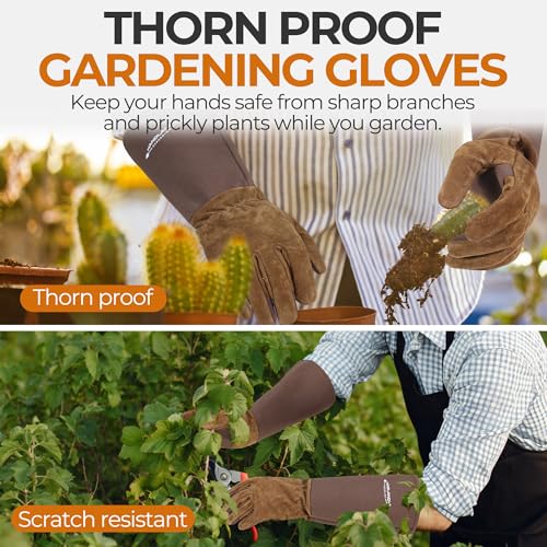 Image of HANDLANDY Rose Pruning Gloves for Men Women, Thorn Proof Gardening Gloves | Long Leather Gardening Gloves, Breathable Leather Gauntlet, Best Garden Gifts & Tools for Gardener (Brown, L)