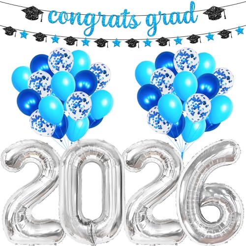 Image of KatchOn, Blue 2026 Graduation Party Decorations - Large, Pack of 25 | Glitter Congrats Grad Banner for 2026 Grad Decorations Blue | graduation Balloons for graduation decorations 2026