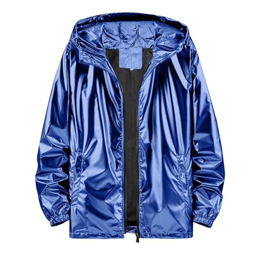 ウインドブレーカー レディース 反射 光沢 上着 薄手 ジャンパー アウトドア ナイロンジャケット 秋 春 冬 メンズ 防寒 防風 撥水 ブルゾン ジップアップ パーカー フード付き カジュアル 大きいサイズ 登山 釣り 自転車(XL,A-ブルー)