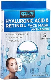 AZURE Hyaluronic Acid & Retinol Anti Aging Facial Mask - Rejuvenating & Hydrating Face Mask - Helps Reduce Fine Lines & Wrinkles, Smooths & Repairs - Skin Care Made in Korea - 5 Pack