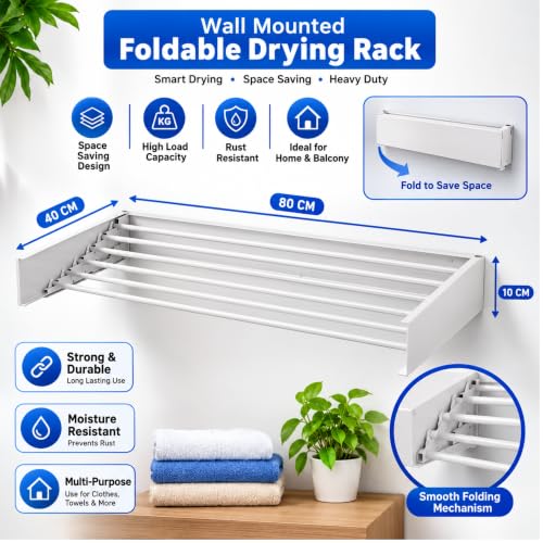 Image of Smart Saver Wall Mounted Drying Collapsible Rack, Clothes Drying Rack, Retractable Wall Drying Rack, 80cm Wide, 4 Aluminum Rods, 28 kg Capacity White