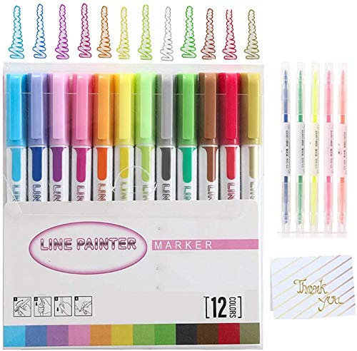 Marker Pen for Highlight,12PCS Metallic Outline Markers,Double Line Outline Pens Outline Marker Pen with Thank You Card for Christmas Birthday Card Writing DIY Art Crafts