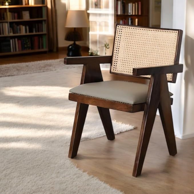 Image of Solid Sheesham Wooden Arm Chair & Cane Back Support Chair Living Room || Wooden Armchair, Garden Balcony Outdoor & Indoor Home & Office Chair Living Room Furniture || Dining Chair || Brown Finish