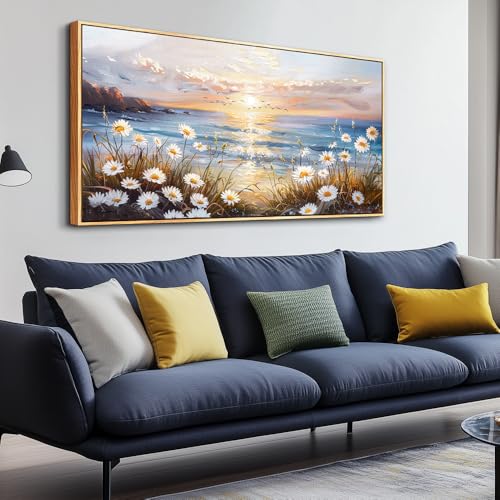 PHAOHUAXM Large Wall Decor For Living Room Canvas Wall Art For Office Bedroom AestheticBlue Ocean Landscape Painting Artwork Pictures Beach Posters Ready To Hang Home Decoration 30"x60" Wood Framed