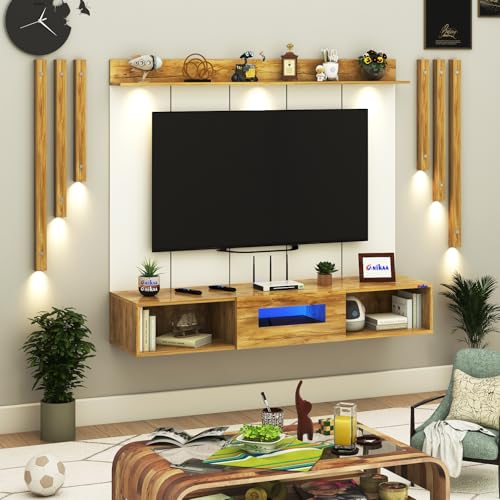 Image of Anikaa NovusPro Engineered Wood Wall Mount TV Unit with PVC Back Panel, Acrylic Blue LED Storage Box, Side Wooden Accent Spot Light Panels I Deal for Up to 50 Inch TV (Giantwood - DIY Installation)