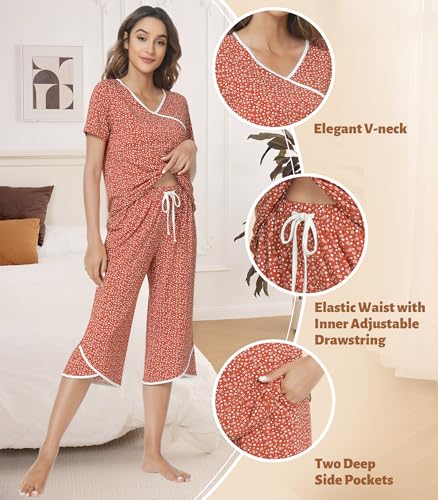 Image of NACHILA Bamboo Viscose Pajamas for Women Lace V Neck Capri Pants Pjs Set