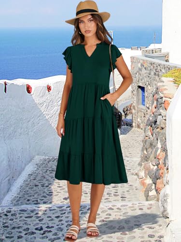 Image of ANRABESS Womens Summer Dress Ruffle Sleeve V Neck Midi Dresses Fashion Casual Fit Flowy Tiered Boho Beach Vacation Sundress