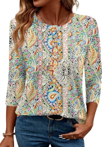 LOMON 3/4 Length Sleeve Womens Tops Dressy Casual Crewneck Pullover Tunics Summer Cute Blouses Fashion 2025 Tees Shirts