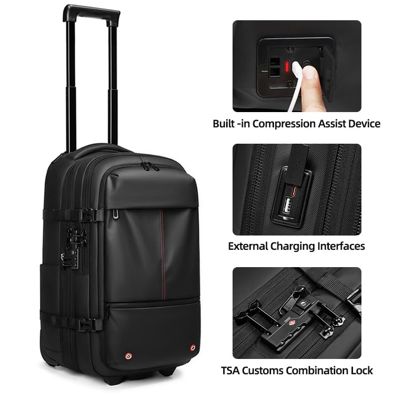 Fiordcase Vacuum Rolling Backpack with Vacuum System, Built-in Pump and Charging Port, Carry On Luggage with Vacuum Seal Bag, Wheels, Travel Suitcase with Vacuum Compression Bag for 17" Laptop2