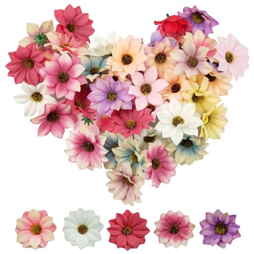 MytaYt 50 Stücke Künstliche Blumen 6 cm Bunt Kunstblumen Gänseblümchen Blütenköpfe Plastikblumen Kleine Mini Seidenblumen für DIY Scrapbooking Home Deko Hochzeit Dekoration