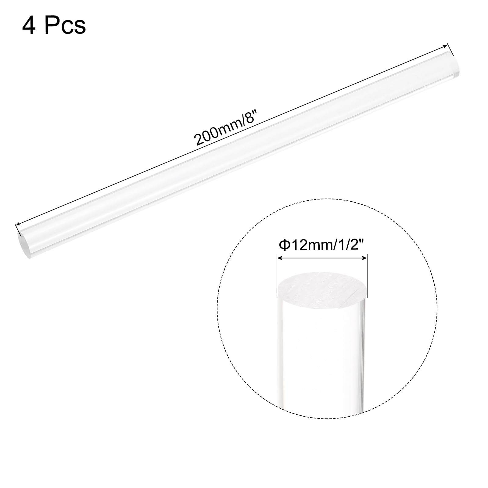 sourcing map 4 aste rotonde in acrilico trasparente, 12 mm x 200 mm, per fai da te, illuminazione, giardinaggio, decorazione, 12 mm x 200 mm