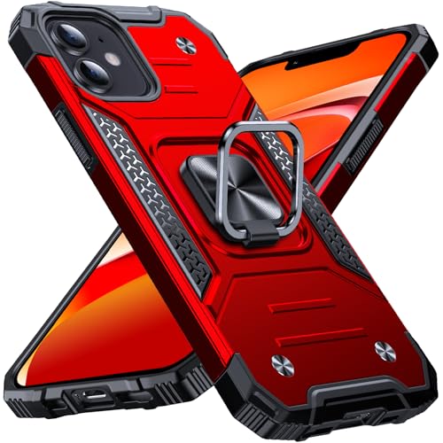 Image of Anqrp Heavy Duty Case for iPhone 12 Mini Case with Enhanced Ring Holder Grip Stand, Military Grade Shockproof Rugged Drop Protective Silicone Hard Slim iPhone 12 Mini Phone Case Cover,Corail Red