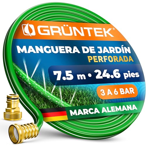 GRÜNTEK Manguera de jardín Perforada Aspersor de Riego - Rociador Pulverización fina para Césped y Jardines estrechos y largos - Manguera de 7.5 m con accesorios de latón