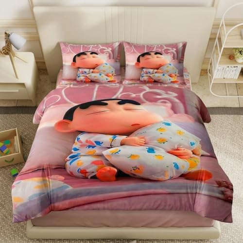 Image of Shinchan 7D Printed Bedsheet for Double Bed | Glace Cotton 7D Digital Print | 90x100 Inch (228x254 cm) | 1 Bedsheet + 2 Pillow Covers | Soft, Breathable & Vibrant Colour Bedding Set