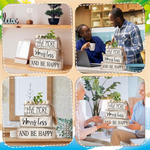 Image of Moucuny 4 Pcs Inspirational Farmhouse Table Decor Rustic Stacked Wooden Block Sign - Live More Worry Less Be Happy Centerpieces Set with Beaded Tassel and Artificial Plant for Home, Office, Shelf Gift