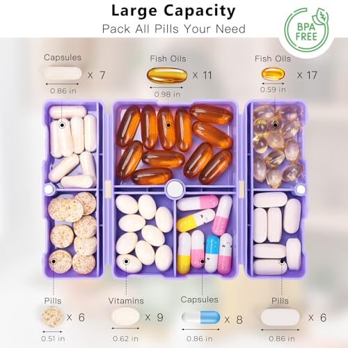 Image of FYY Travel Pill Organizer, 7 Compartments Pill Box Medicine Case-Purple
