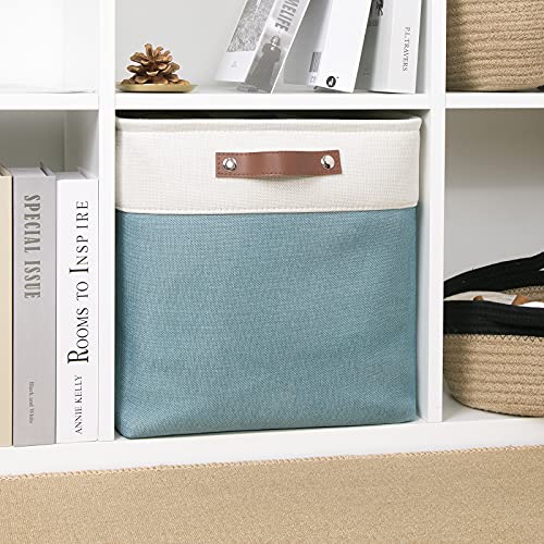 Image of DULLEMELO Cube Basket for Storage, Collapsible Fabric Cube for Organizing, Storage Cube for Closet, Laundry, Nursery, Shelves, Decorative Basket for Gifts Empty (White&Teal)