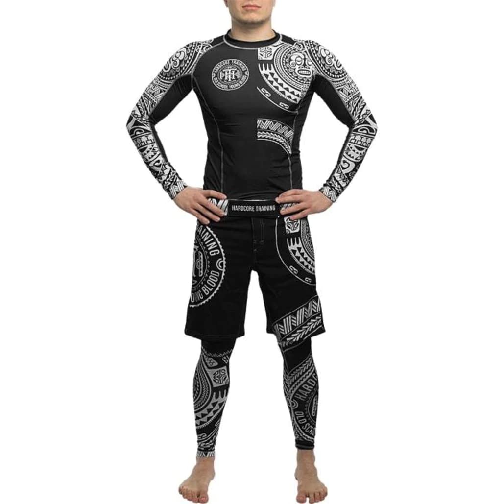 Hardcore Training Rash Guard Mężczyźni Kompresja Koszulka Długi Rękaw BJJ MMA No-Gi Obcisła Grappling Boks (DE/NL/SE/PL, Alfa, M, Regularny, Regularny, Czarny Biały)