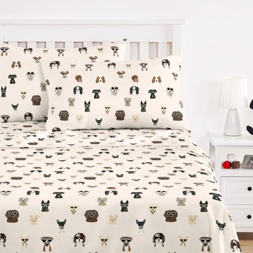 Wake In Cloud - Dog Bed Sheets 4-Piece Sheet Set Cute Kawaii Funny Cartoon Pet Puppy Animal Pattern Printed Bedding for Girls Boys Teens Kids Deep Pocket Beige Brown Queen Size