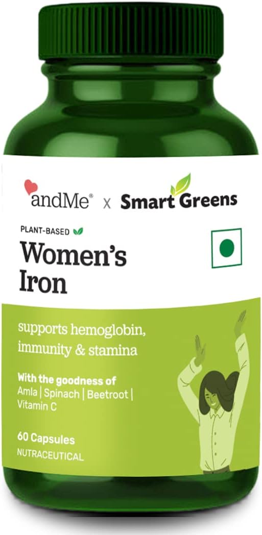 Andme Iron Supplement For Women And Men| Smart Plant-Based Iron Capsules- Folic Acid - Increase Oxygen & Hemoglobin | Treat Iron Deficiencies- Anemia | 60 Capsules