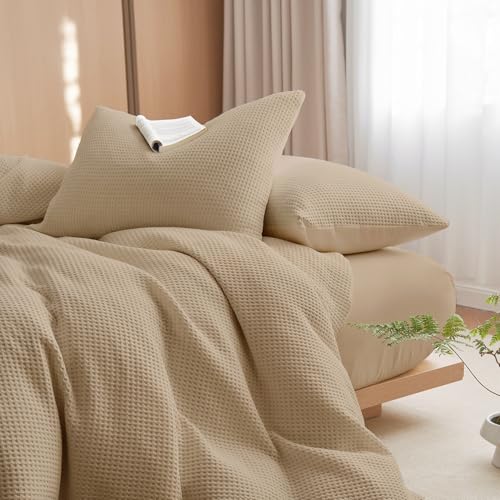 Image of Wake In Cloud - Waffle Cotton Comforter Set, 100% Cotton Fabric Bedding, Waffle Weave Knit Textured Neutral Farmhouse Soft Lightweight, 3 Pieces, Tan, King Size