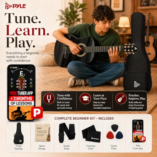 Image of Pyle 30-Inch Beginner Acoustic Guitar Kit, 1 /4 Size Junior Classical Nylon String Guitar for Kids and Adults, Includes Gig Bag, Strap, Spare Strings, Picks, Cleaning Cloth, 18 Frets, Onyx