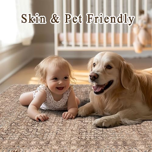 vivorug 5x7 Area Rugs - Ultra-Thin Washable Rug with Non-Slip Backing, Ideal for Living Room, Bedroom, Kitchen Floor Carpet - Vintage, Easy Clean, Durable, Sand/Antique