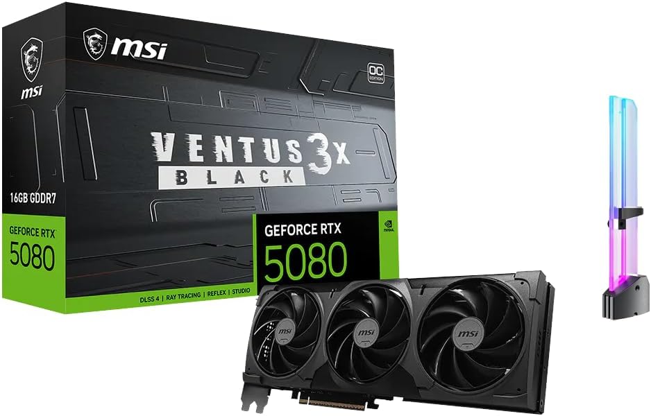 GeForce RTX 5080 16G Ventus 3X OC Black Graphics Card, 16GB GDDR7, PCIe Gen 5, 4K Ultra Gaming, 3D Rendering, AI Content Creation, Streaming, RGB GPU Holder