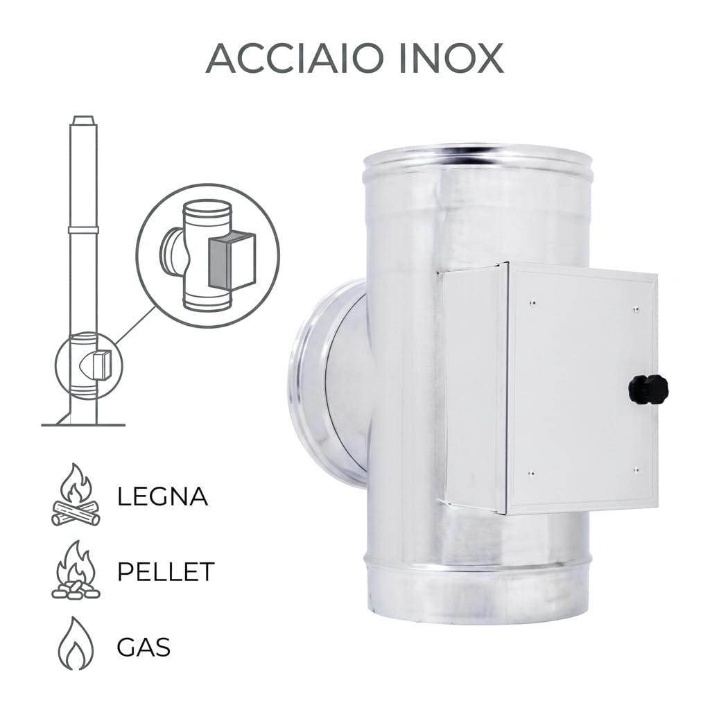 MAKA Raccordo a T 90° con Camera Raccolta Incombusti per Canna Fumaria in Acciaio Inox (Ø 230 mm, AISI 316)