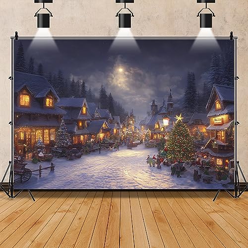 YongFoto 3x2m Christmas Backdrop Scene Fairy Winter Landscape Moon Village Snowfield Xmas Tree Colorful Photo Background for Xmas Eve Party Festival Home Poster Family Photography Supplies - Image 2