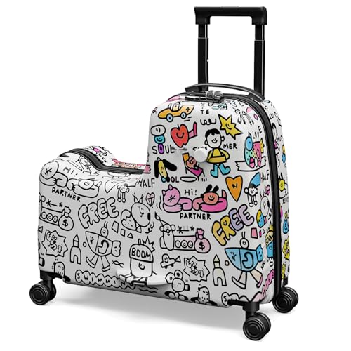 Apelila DIY Coloring Ride On Suitcase for Kids Ages 4-8, 22 Inch Graffiti Rolling Luggage with Spinner Wheels & Safety Belt, Lightweight Travel Checked Suitcase with Combination Lock