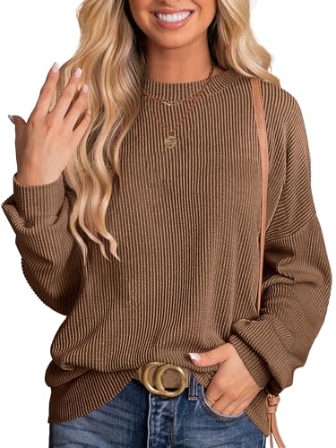 ANRABESS Womens Oversized Long Sleeve Shirts Ribbed Knit Tunic Tops Side Spilt Casual 2025 Fall Outfits Brown Medium