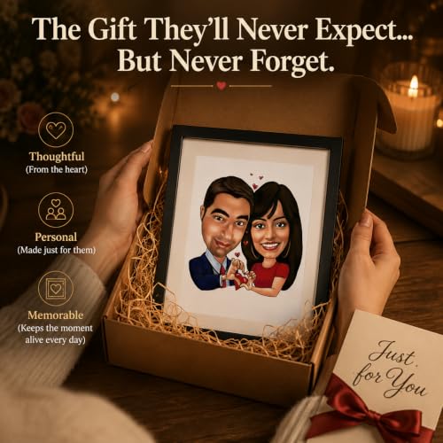 Image of DK Decors Personalized Caricature Photo Frame Custom Cartoon Portrait from Photo, Valentine's Proposal Gift for Couple, Husband & Wife (8x10 Inch)