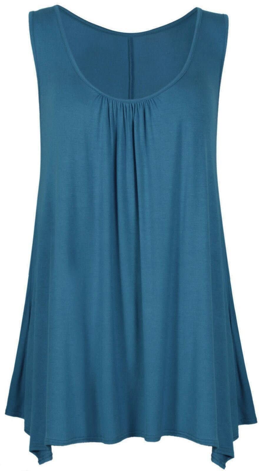 Crazy Girls Womens Gathered Round Neck Stretch Swing Long Vest Flared Teal Hanky Top (2XL, Teal Plain)