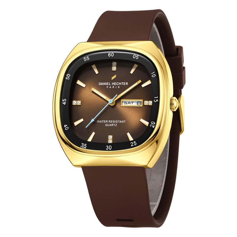 Image of Daniel Hechter Paris Bercy Collection Analog Quartz Watch for Men with Square Dial, Day-Date Display, Crystal Hour Markers and Silicone Strap - DHM1053