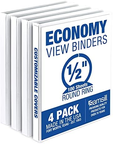 Samsill Economy 0.5 Inch 3 Ring Binder, Made in the USA, Round Ring Binder, Customizable Clear View Cover, White, 4 Pack (MP48517)
