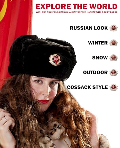 ARZER Mega_JumbleSale® Mens Black Russian Trapper Winter Warm Hat Cap with Soviet Badge Unisex Faux Fur Ushanka Flaps Hat, Russian Trapper Hat Black, One size