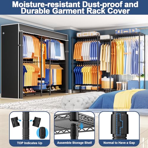 Ulif E12C Heavy Duty Closet Organizer System,Freestanding Clothing Rack, Adjustable Garment Rack 71" W x 16" D x 76.5" H Holds 960 lbs, Black Rack with Black Dustproof Cover