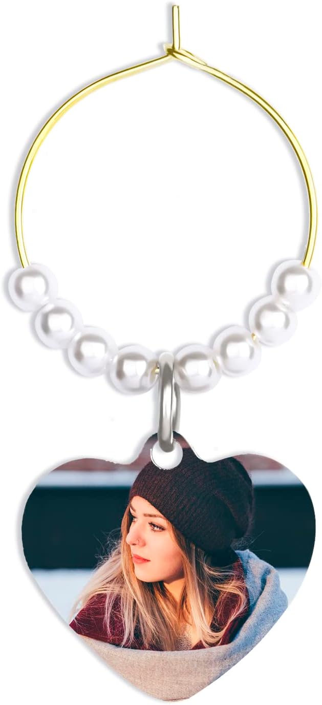 Personalized Custom Photo Heart Wine Charms for Stem Glasses Drink Marker Tag for Wedding Birthday