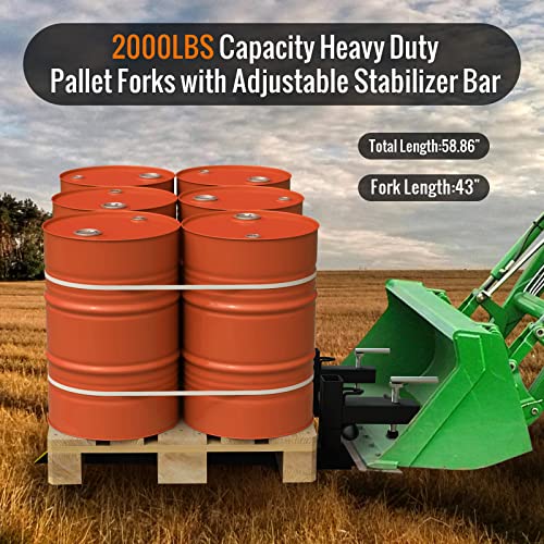 Sulythw 58.86\" Clamp on Pallet Forks, 2000lbs Tractor Bucket Forks with Adjustable Stabilizer Bar 18” to 34” W Heavy Duty Pallet Forks for Tractor Loader Bucket or Skid Steer Kubota Tractor