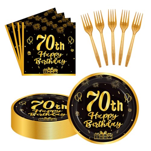 LDFDRT 60pcs 70th Birthday Party Paper Plates and Napkins Forks Black Gold Dessert Cake Plates Party Decorations Supplies Serves 20 Guest