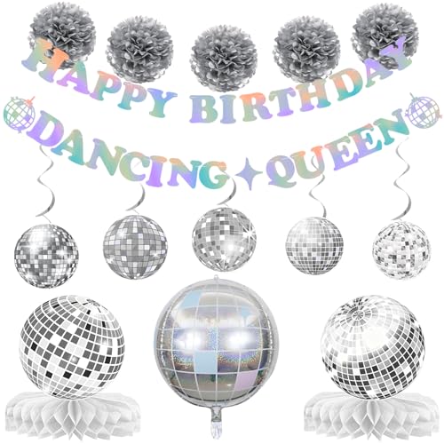 Happy Birthday Dancing Queen Banner: Dancing Queen Party Decorations Disco Birthday Party Decorations with Silver Disco Ball Honeycomb Centerpieces
