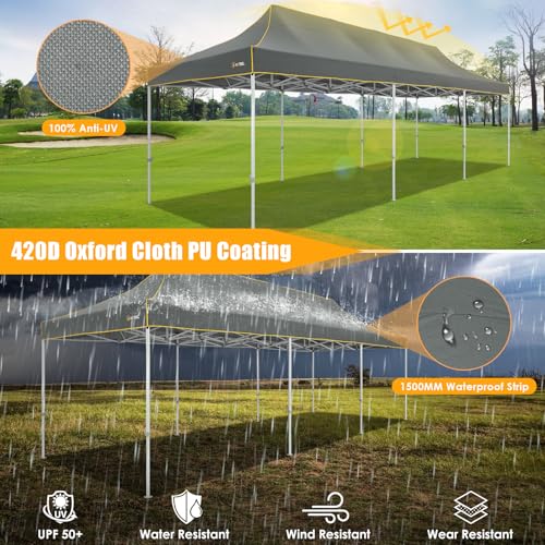 Image of HOTEEL 10x30 Heavy Duty Pop Up Canopy Tent, Commercial Instant Canopy for Party Wedding Event, Waterproof UV 50+ Windproof Outdoor Tent, Upgraded Thick Hexagonal Legs Canopy with Wheeled Bag, Gray