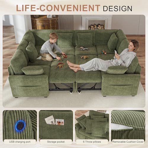 Image of Hanherry Sectional Sofa with Pull Out Couch Bed,Corduroy Sleeper Sofa with 2 Seat Storage & USB Charging,Comfy Modular Couches for Living Room,Apartment