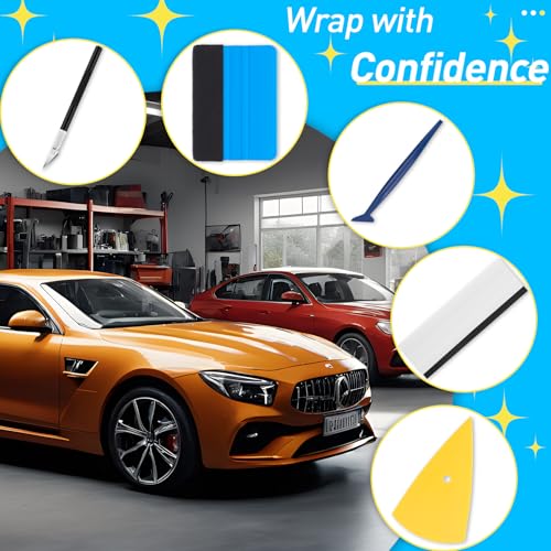 Image of Vinyl Wrap Tool Kit for Car Window Tint Installation, 4 inch Felt Edge Squeegee, Corner Plastic Scraper, 9mm Retractable Utility Knife & Blades, Wraps Applicator Tools for Car Wrapping