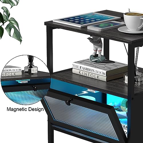 Image of EXOTICA Nightstand with Charging Station and LED Lights Small Black End Table with USB Ports Visible Acrylic Door Storage Bedside Table for Bedroom Sofa Couch L-15.74 inch x W-11.8 inch xH-23.42 inch