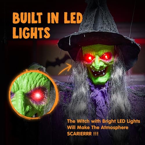 Image of JOYIN 72 inch Halloween Hanging Witch Decorations Outdoor, Flying Ghost Decor Green Face Life Size Sound Activated Light Up Eyes Party Supplies for Garden Haunted House Front Porch Door Scary Modern