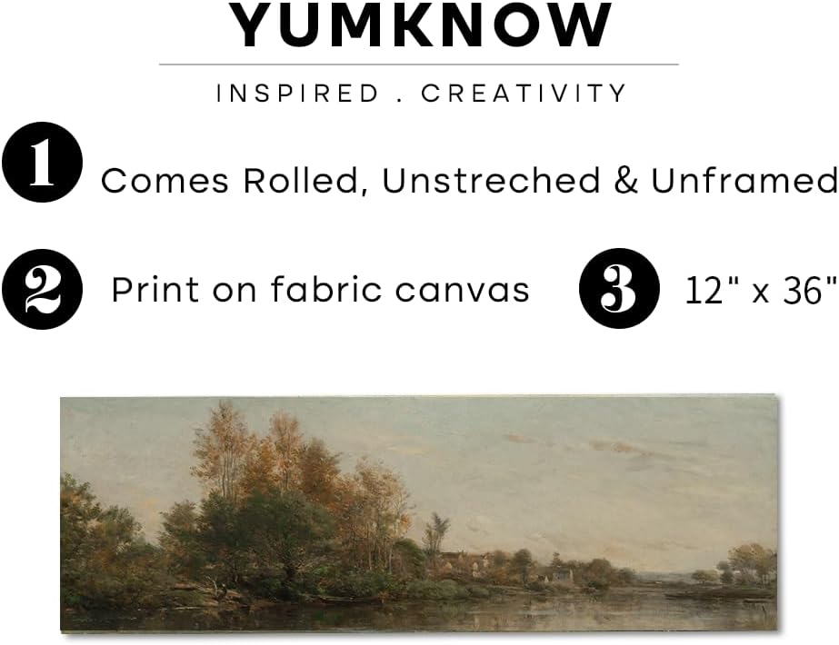 Vintage Farmhouse French Country Bedroom Wall Decor Above Bed - Horizontal Wall Art Over the Bed - 12x36" - Panoramic Landscape Picture Sign Canvas Lake Autumn Fall Forest River Landscape Print Poster